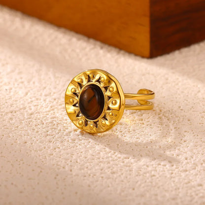 Bague acier doré avec pierre marron- R032