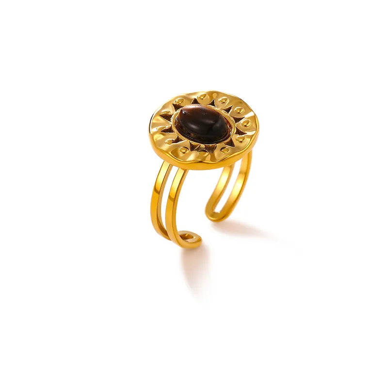 Bague acier doré avec pierre marron- R032