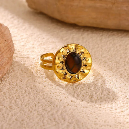 Bague acier doré avec pierre marron- R032