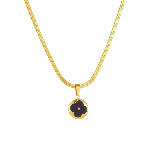 Necklace gold-plated steel black four-leaf clover-ne494