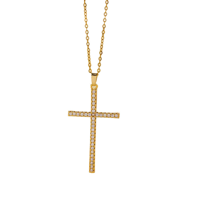 Croce in Oro con Pietre Bianche Ottone Dorato-NE011