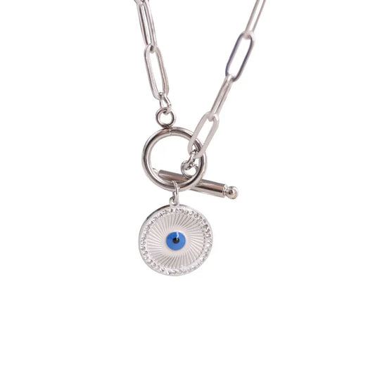 Collana in acciaio argentato con amuleto occhio in zircone-NE352