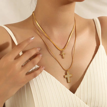 Κολιέ χρυσό ατσάλι διπλός σταυρός-NE429