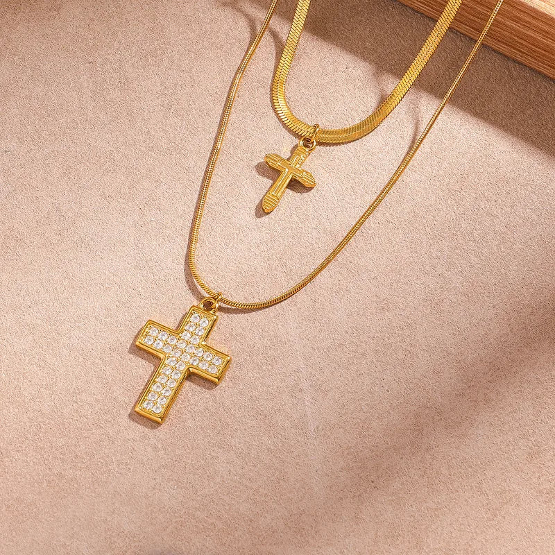 Κολιέ χρυσό ατσάλι διπλός σταυρός-NE429