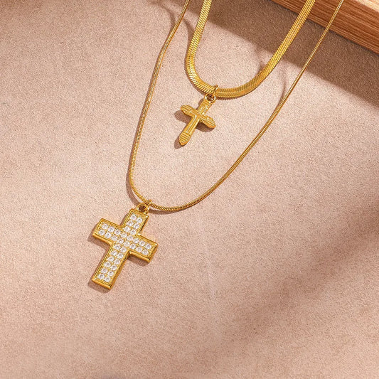 Colier cu cruce dublă din oțel auriu-NE429