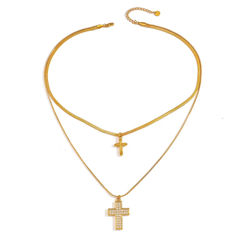 Κολιέ χρυσό ατσάλι διπλός σταυρός-NE429