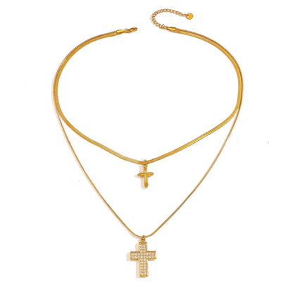Κολιέ χρυσό ατσάλι διπλός σταυρός-NE429
