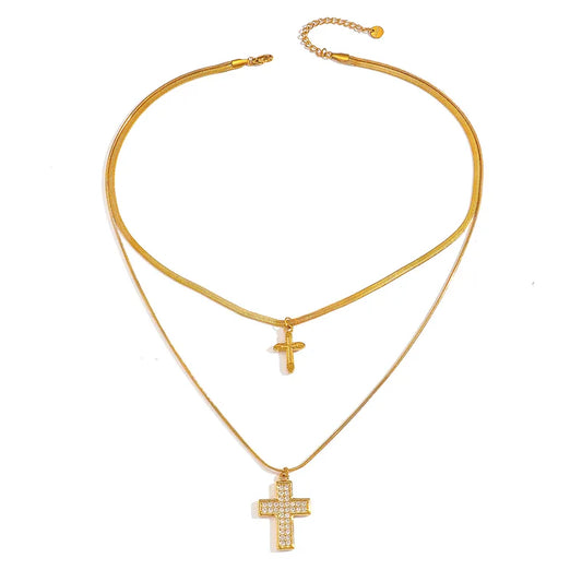 Colier cu cruce dublă din oțel auriu-NE429