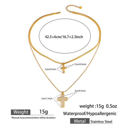 Κολιέ χρυσό ατσάλι διπλός σταυρός-NE429