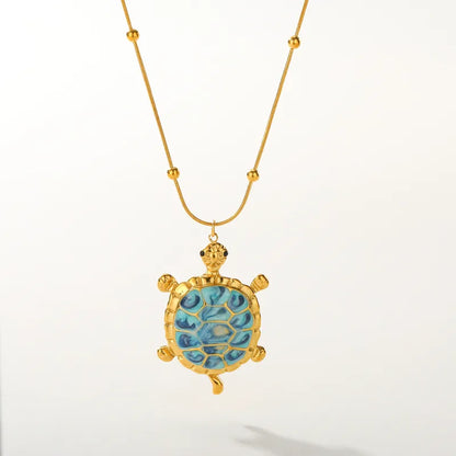 Collier en acier avec tortue bleue - NE651