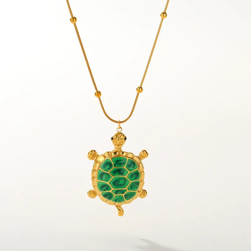 Steel necklace with green turtle - NE689