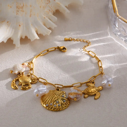 Βραχιόλι επιχρυσωμένο ατσάλι με θαλασσινά στοιχεία- BR523