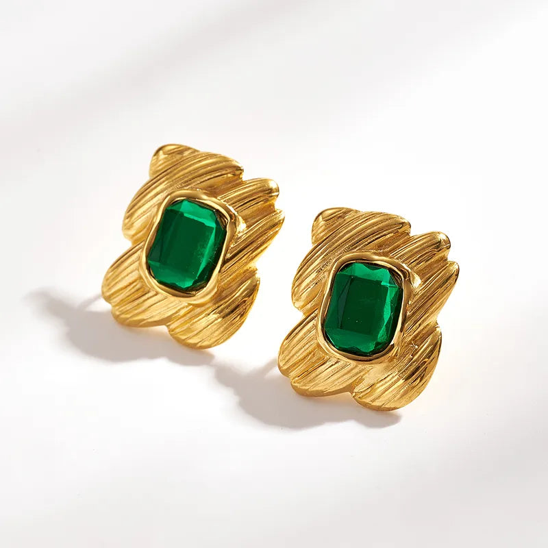 Σκουλαρίκια επιχρυσωμένο ατσάλι πράσινη πέτρα-EA484