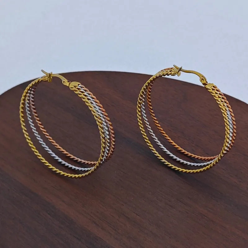 Boucles d'oreilles triple créoles en acier rose, argenté et doré - EA747