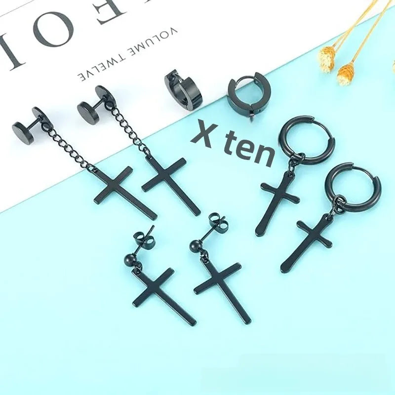 Σετ 10 ζευγάρια σκουλαρίκια μαύρο ατσάλι και zircon-SET028