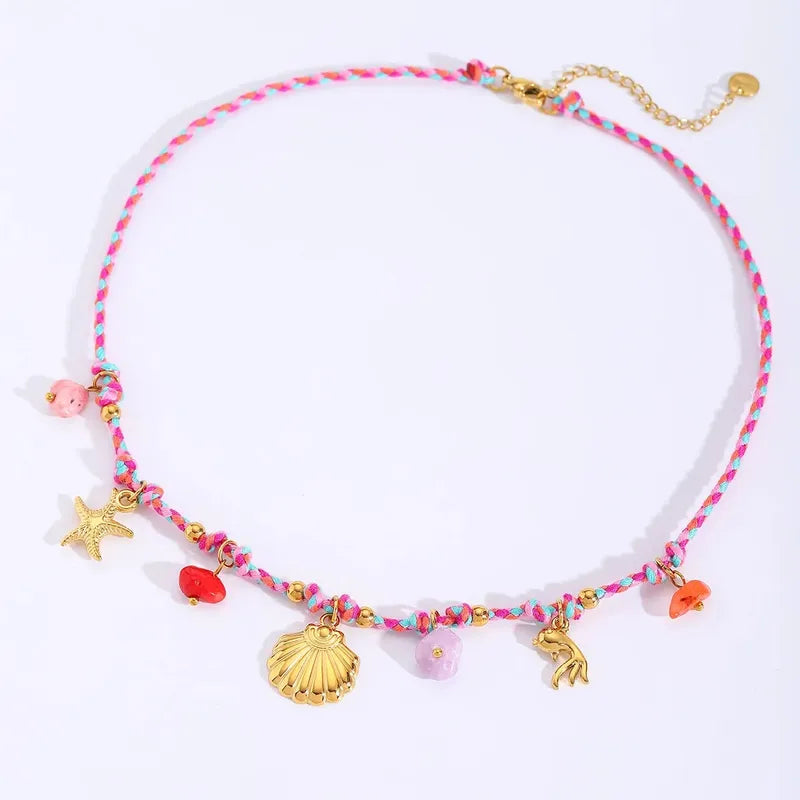 Κολιέ με ροζ κορδόνι και κοχύλια - NE773