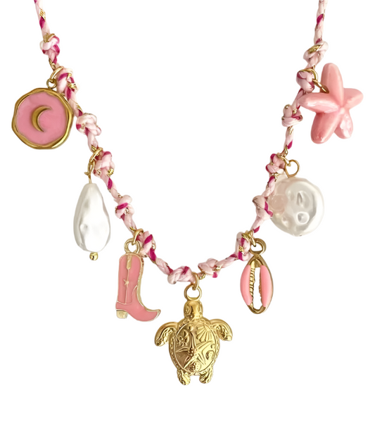 Colier din oțel placat cu aur cu simboluri roz de vară-