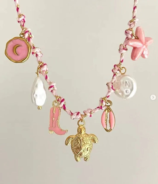 Colier din oțel placat cu aur cu simboluri roz de vară-