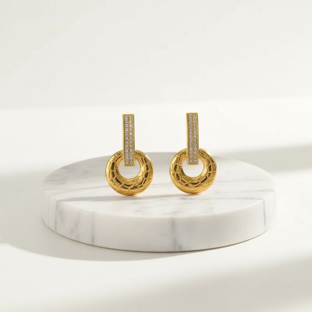 Cercei rotunzi din oțel placat cu aur cu zircon-EA564