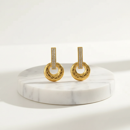 Cercei rotunzi din oțel placat cu aur cu zircon-EA564