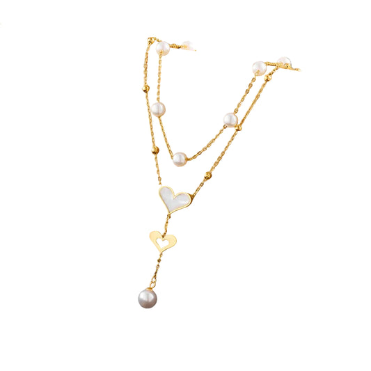 Colier dublu din oțel placat cu aur cu inimioare-NE050