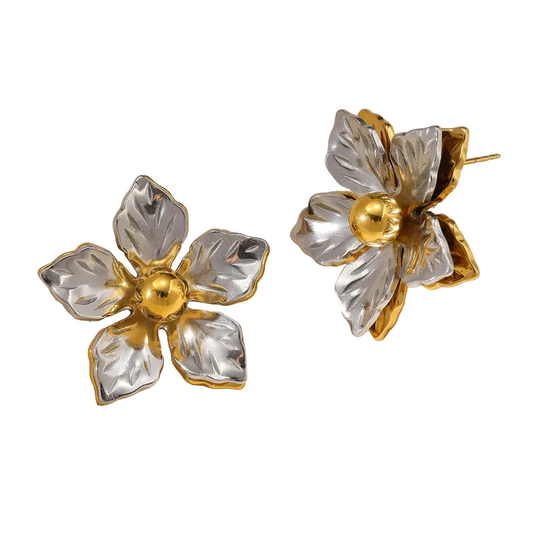 Cercei cu flori din oțel placat cu aur-EA295