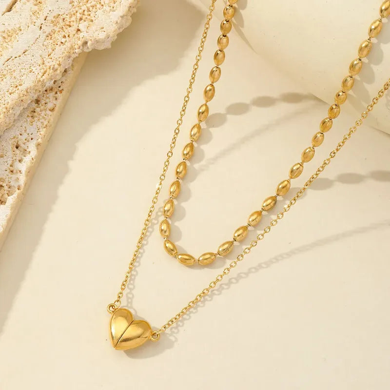 Κολιέ επιχρυσωμένο ατσάλι διπλό με καρδιά-NE111
