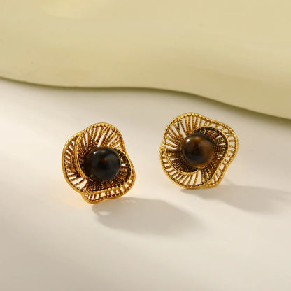 Σκουλαρίκια επιχρυσωμένο ατσάλι με καφέ πέτρα-EA622