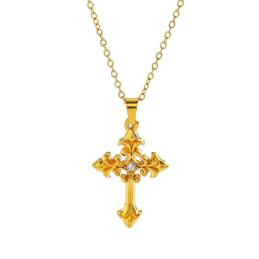 Κολιέ επιχρυσωμένο ατσάλι με σταυρό και zircon-NE089