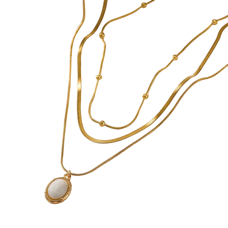 Κολιέ επιχρυσωμένο ατσάλι διπλό με λευκή πέτρα-NE118