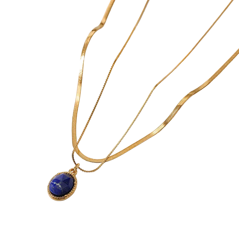 Colier dublu din oțel placat cu aur cu piatră albastră-NE015