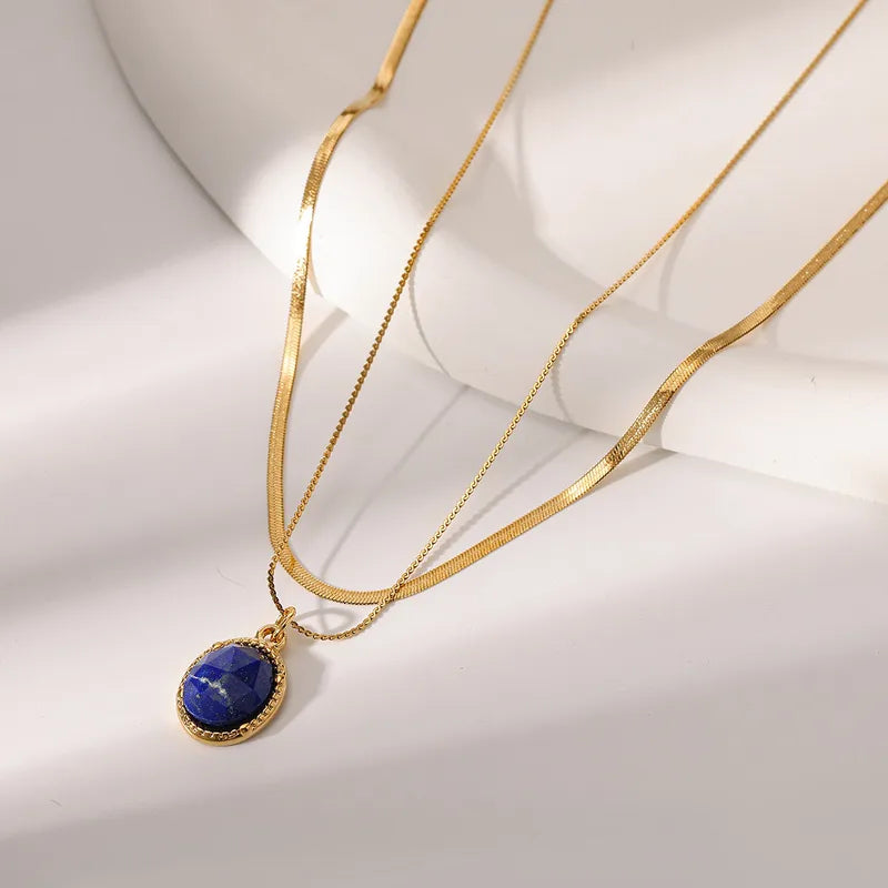 Colier dublu din oțel placat cu aur cu piatră albastră-NE015