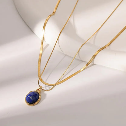 Colier dublu din oțel placat cu aur cu piatră albastră-NE015