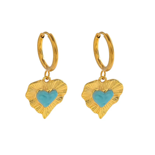*Σκουλαρίκια επιχρυσωμένο ατσάλι καρδιές με γαλάζια πέτρα-EA196