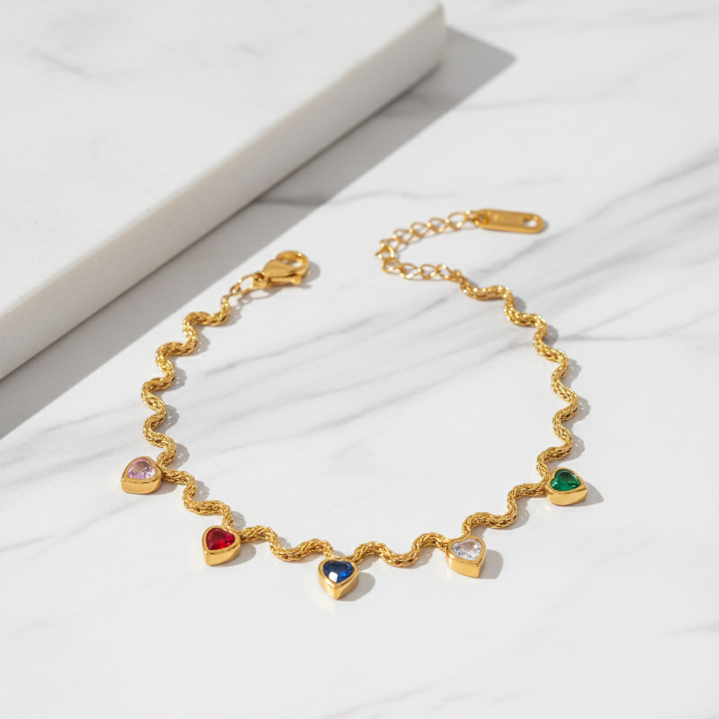 Βραχιόλι επιχρυσωμένο ατσάλι με καρδιές zircon-BR166