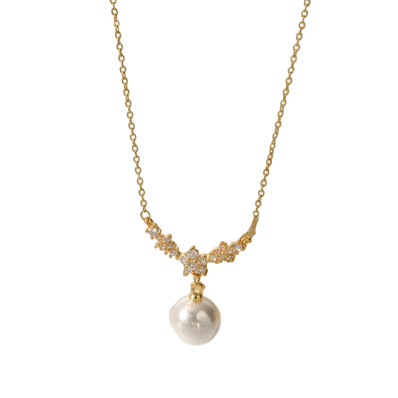 Colier din otel placat cu aur cu floare si perle-NE444