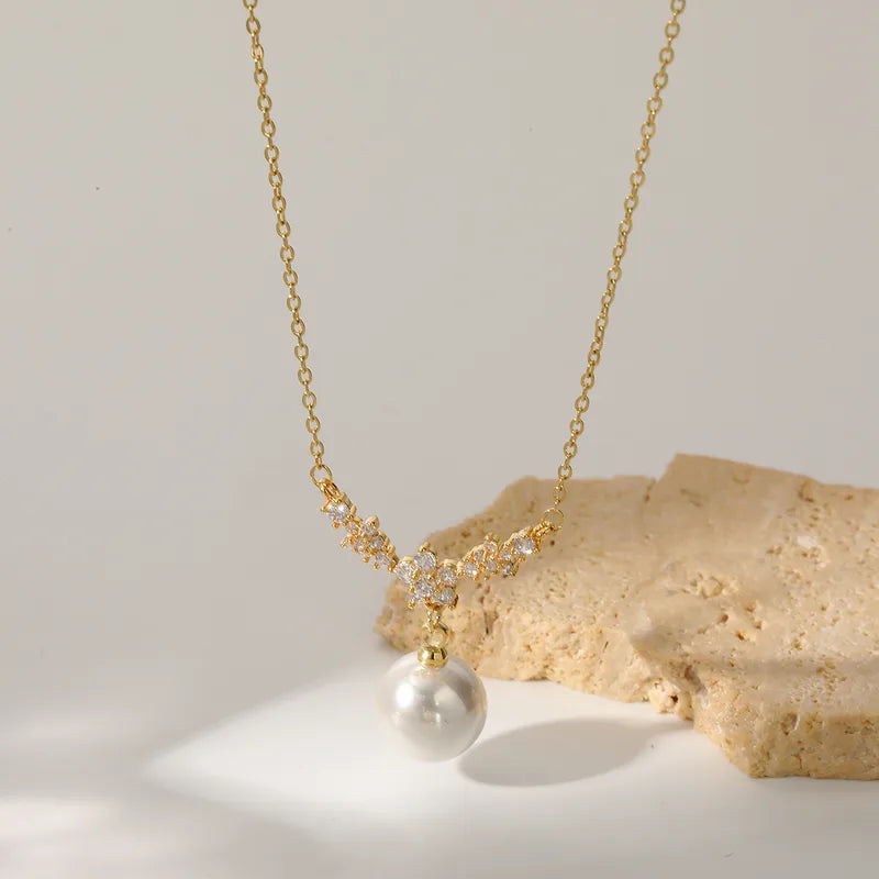 Colier din otel placat cu aur cu floare si perle-NE444