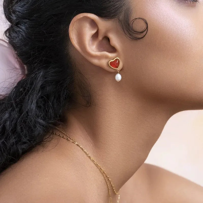 Σκουλαρίκια επιχρυσωμένο ατσάλι με καρδιά και πέρλα-EA171