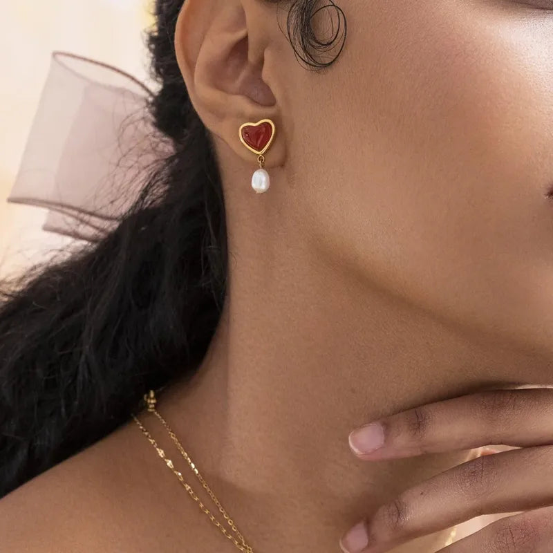 Σκουλαρίκια επιχρυσωμένο ατσάλι με καρδιά και πέρλα-EA171