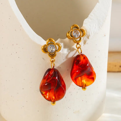 Σκουλαρίκια επιχρυσωμένο ατσάλι με zircon και πορτοκαλί-EA367