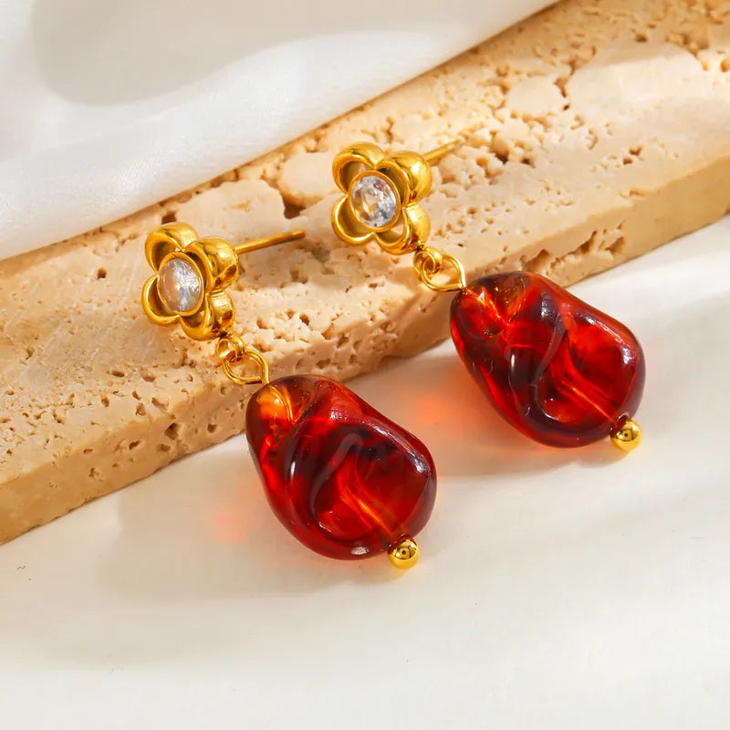 Σκουλαρίκια επιχρυσωμένο ατσάλι με zircon και πορτοκαλί-EA367