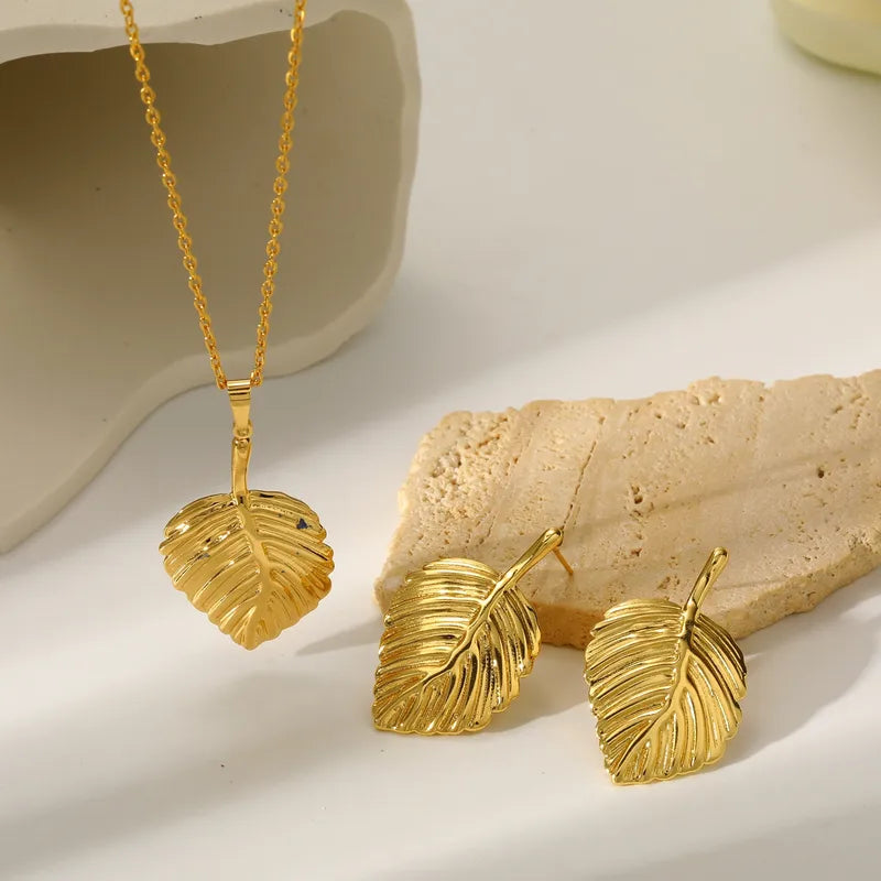 Σκουλαρίκια και κολιέ επιχρυσωμένο ατσάλι με φύλλα-SET034