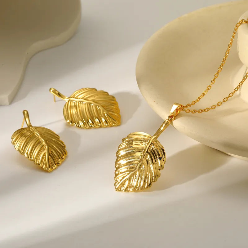 Σκουλαρίκια και κολιέ επιχρυσωμένο ατσάλι με φύλλα-SET034