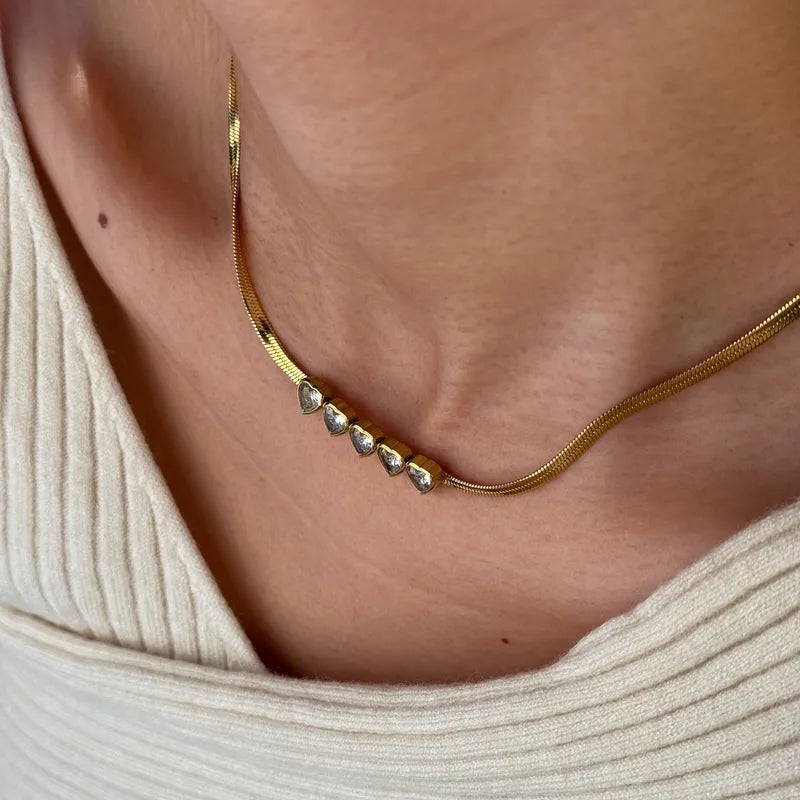 Colier din oțel placat cu aur cu inimioare de zircon-NE101