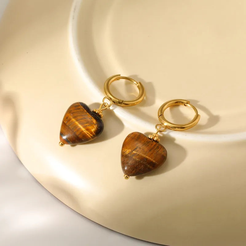 Σκουλαρίκια επιχρυσωμένο ατσάλι με καφέ πέτρα καρδιά-EA401