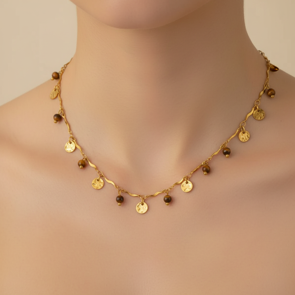 Κολιέ επιχρυσωμένο ατσάλι με καφέ -NE051