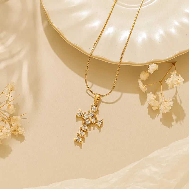 Κολιέ επιχρυσωμένο ατσάλι με σταυρό και zircon-NE438