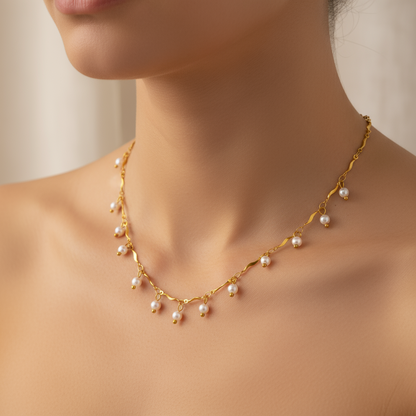 Colier din otel placat cu aur cu perle-NE486