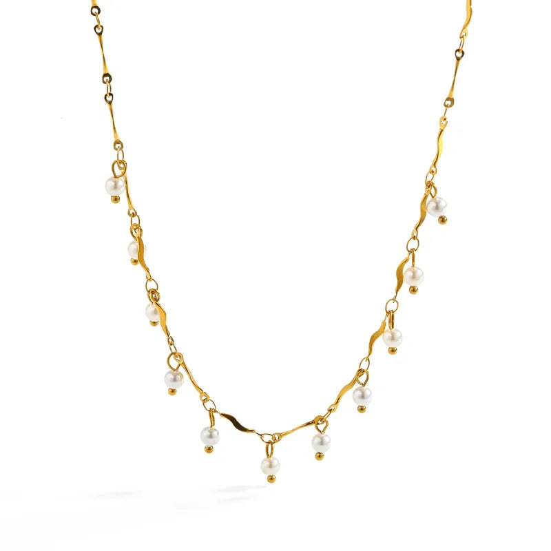 Colier din otel placat cu aur cu perle-NE486