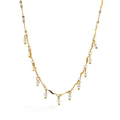 Colier din otel placat cu aur cu perle-NE486